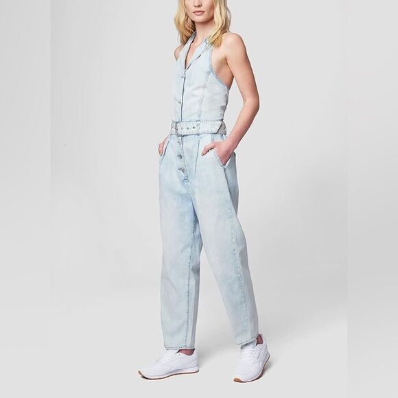 NWT BLANKNYC Luxury Denim Halter Neck Jumpsuit With Belt size small - Picture 1 of 10